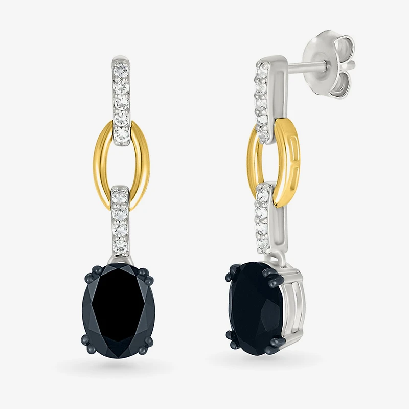 Womens Genuine Black Onyx 10K Gold Sterling Silver Oval Drop Earrings