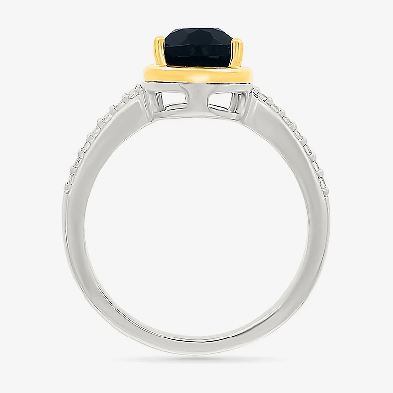 Womens Genuine Black Onyx 10K Gold Sterling Silver Pear Side Stone Cocktail Ring