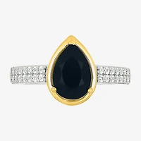 Womens Genuine Black Onyx 10K Gold Sterling Silver Pear Side Stone Cocktail Ring