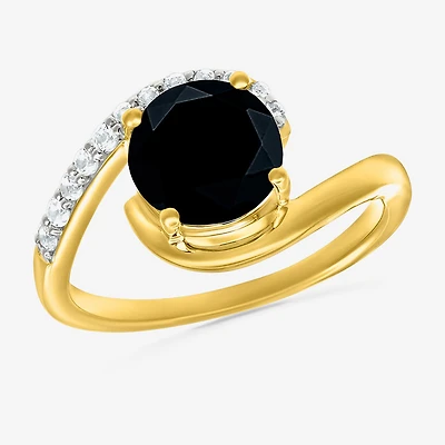 Womens Genuine Black Onyx 10K Gold Sterling Silver Round Bypass Cocktail Ring