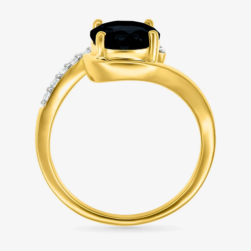 Womens Genuine Black Onyx 10K Gold Sterling Silver Round Bypass Cocktail Ring