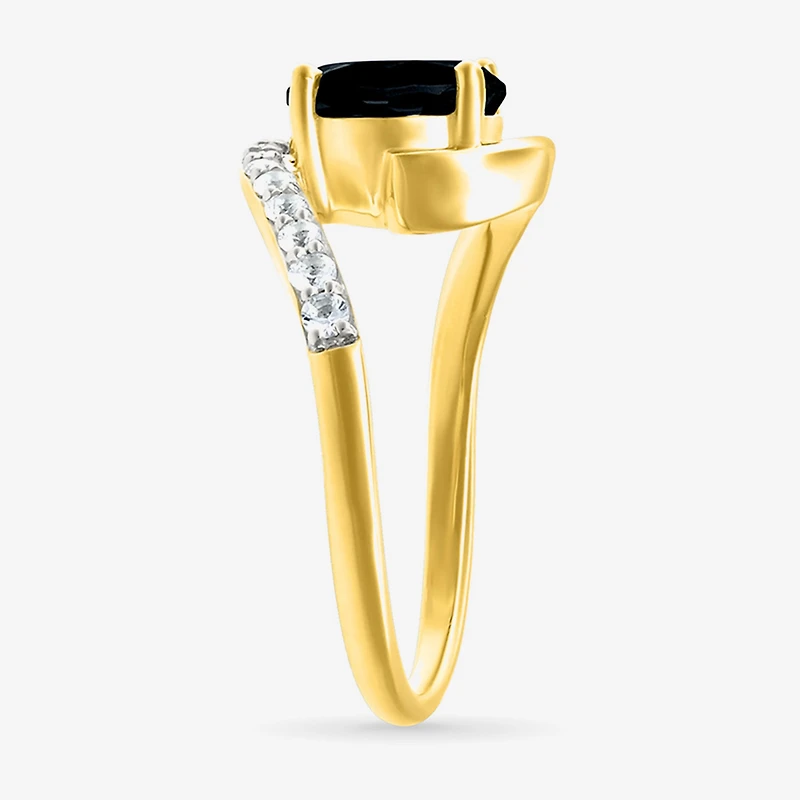 Womens Genuine Black Onyx 10K Gold Sterling Silver Round Bypass Cocktail Ring