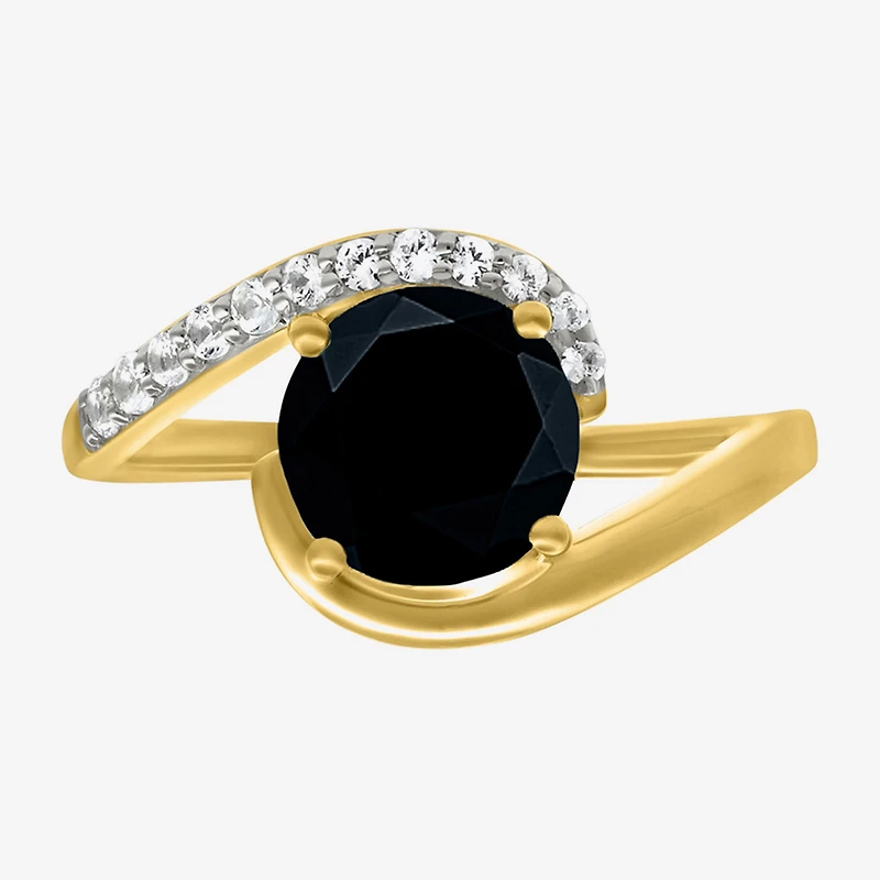 Womens Genuine Black Onyx 10K Gold Sterling Silver Round Bypass Cocktail Ring