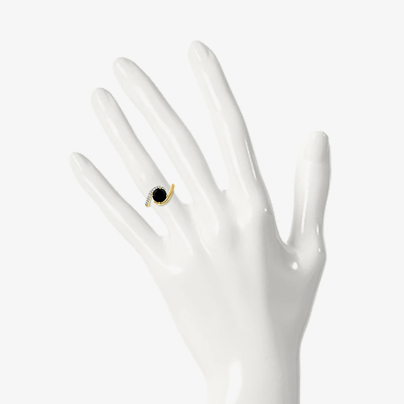Womens Genuine Black Onyx 10K Gold Sterling Silver Round Bypass Cocktail Ring