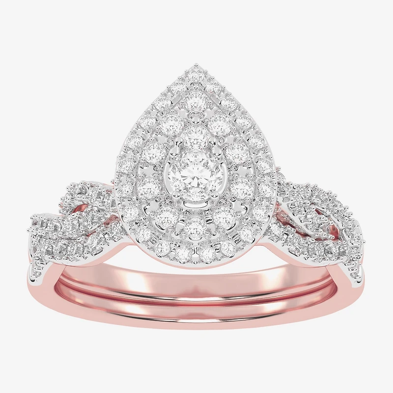 Womens CT. T.W. Natural White Diamond 10K Gold Pear Side Stone Halo Bridal Set