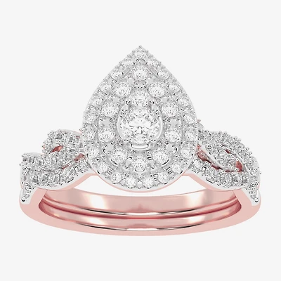 Womens / CT. T.W. Natural White Diamond 10K Gold Pear Side Stone Halo Bridal Set