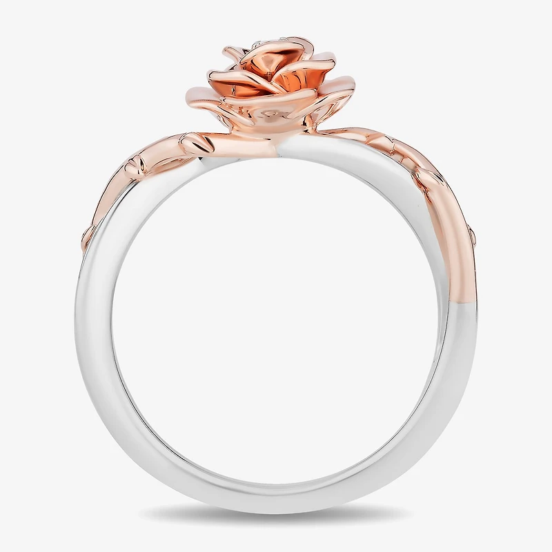Enchanted Disney Fine Jewelry Womens 1/8 CT. T.W. Natural White Diamond 14K Rose Gold Over Silver Flower Beauty and the Beast Belle Cocktail Ring
