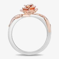 Enchanted Disney Fine Jewelry Womens 1/8 CT. T.W. Natural White Diamond 14K Rose Gold Over Silver Flower Beauty and the Beast Belle Cocktail Ring