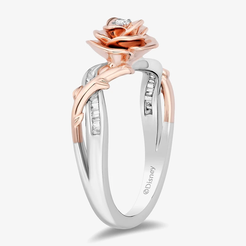 Enchanted Disney Fine Jewelry Womens 1/8 CT. T.W. Natural White Diamond 14K Rose Gold Over Silver Flower Beauty and the Beast Belle Cocktail Ring
