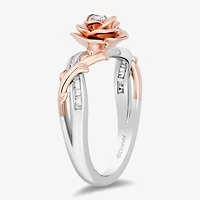 Enchanted Disney Fine Jewelry Womens 1/8 CT. T.W. Natural White Diamond 14K Rose Gold Over Silver Flower Beauty and the Beast Belle Cocktail Ring