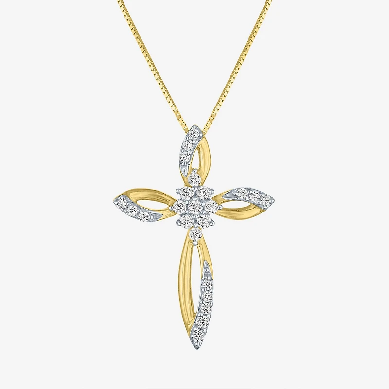 (G-H/ I1-I2) Womens 1/6 CT. T.W. Lab Grown White Diamond 10K Gold Cross 18 Inch Pendant Necklace