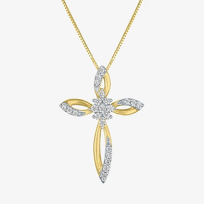 (G-H/ I1-I2) Womens 1/6 CT. T.W. Lab Grown White Diamond 10K Gold Cross 18 Inch Pendant Necklace