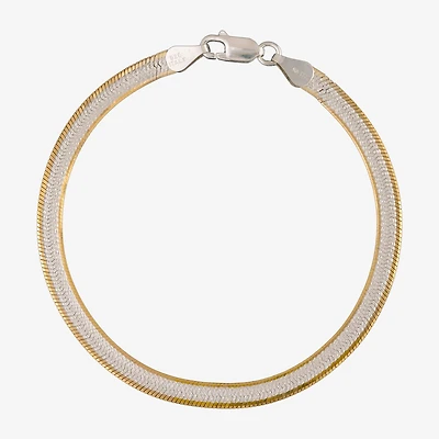 Womens 24K Gold Over Silver 7.5 Inch Solid Herringbone Chain Bracelet