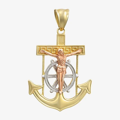 Mens 14K Tri-Color Gold Anchor Cross Pendant Necklace