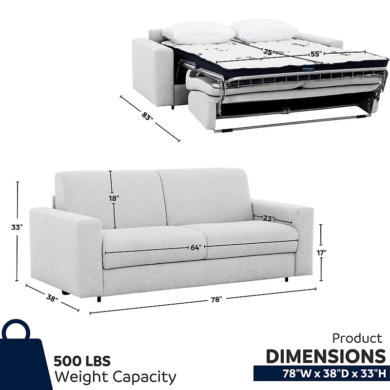 Stearns & Foster® Giotto 78" Full Sleeper Sofa with Memory Foam Mattress