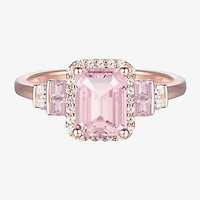 Womens Lab Created Pink Sapphire 14K Rose Gold Over Silver Halo Cocktail Ring