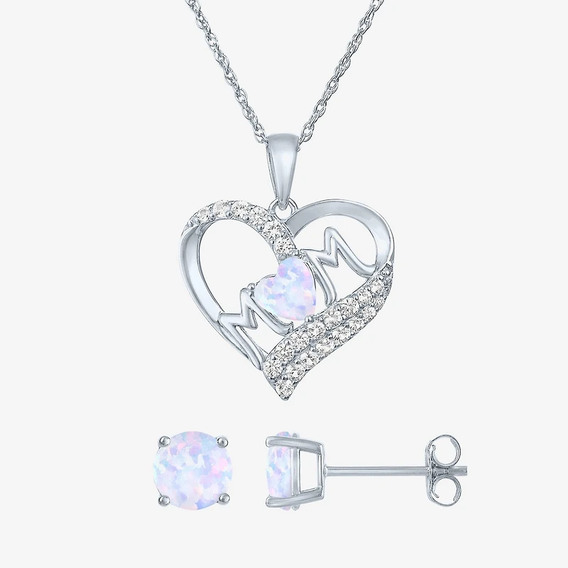 "Mom" Womens Lab Created Opal Sterling Silver Heart 2-pc. Jewelry Set