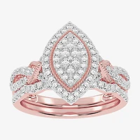 Womens 1/2 CT. T.W. Natural White Diamond 10K Gold Marquise Side Stone Halo Bridal Set
