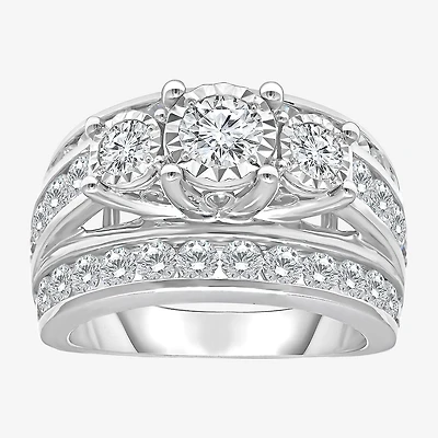 Love Lives Forever Womens 4 CT. T.W. Lab Grown White Diamond 10K Gold Round Side Stone 3-Stone Engagement Ring