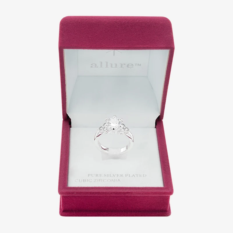 Sparkle Allure Side Stone Womens Cubic Zirconia Pure Silver Over Brass Round Engagement Ring