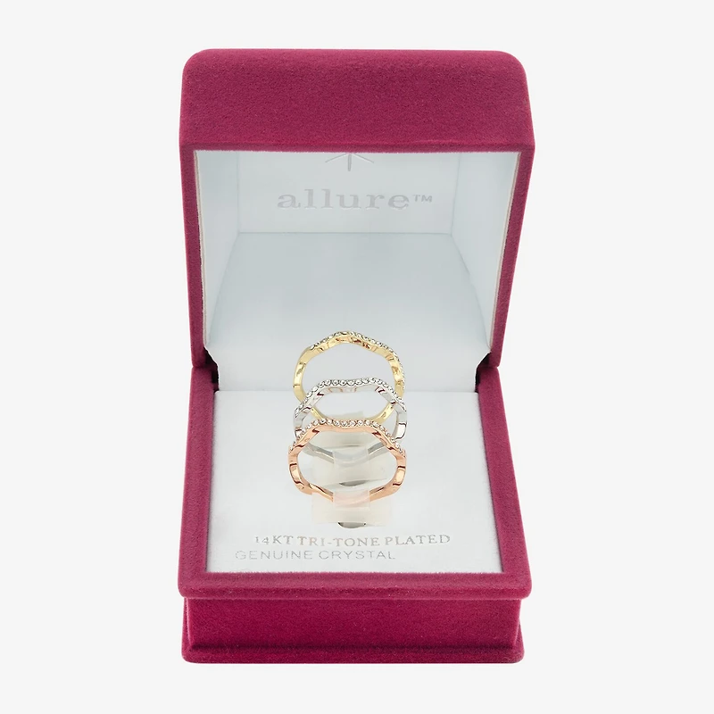 Sparkle Allure Wavy Delicate Stackable Womens Crystal 14K Gold Over Brass 18K Rose Ring Set