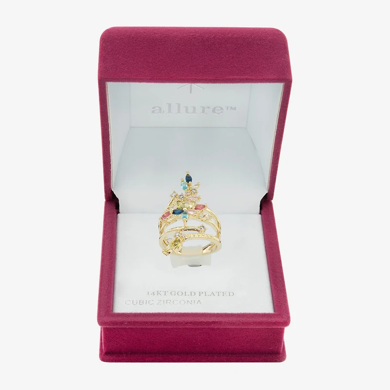 Sparkle Allure Wrap Womens Multi Color Cubic Zirconia 14K Gold Over Brass Flower Bypass Cocktail Ring