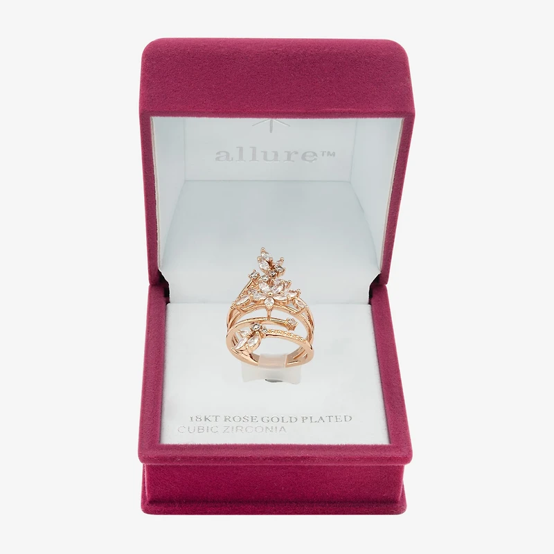 Sparkle Allure Wrap Womens Cubic Zirconia 18K Rose Gold Over Brass Flower Bypass Cocktail Ring