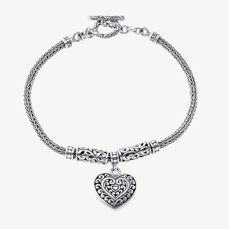 Bali Inspired Womens Sterling Silver Heart Charm Bracelet