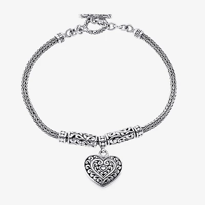 Bali Inspired Womens Sterling Silver Heart Charm Bracelet