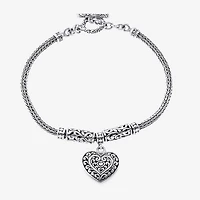 Bali Inspired Womens Sterling Silver Heart Charm Bracelet