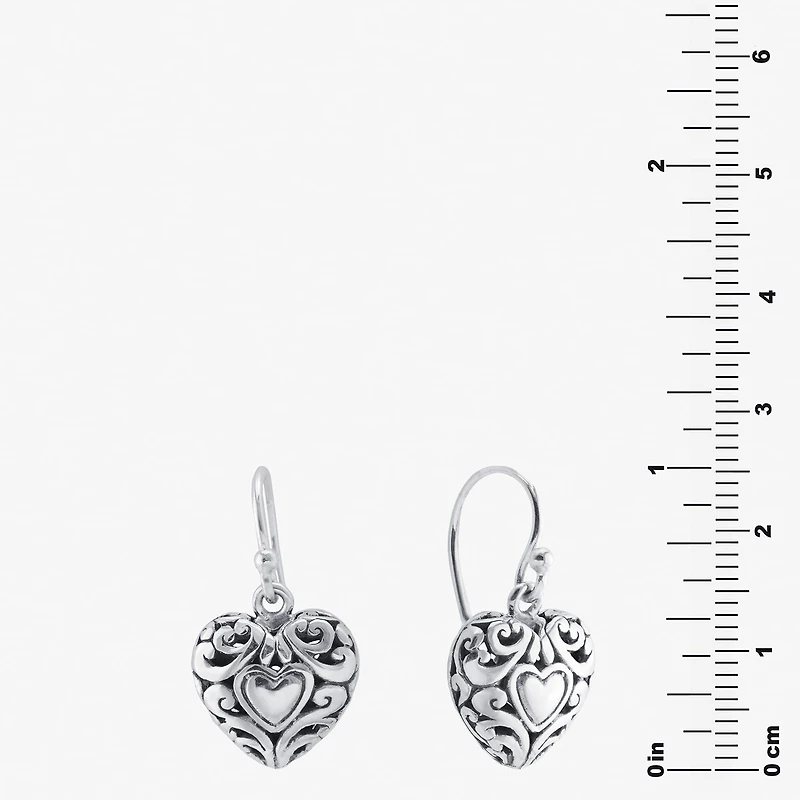 Bali Inspired Womens Sterling Silver Heart Drop Earrings