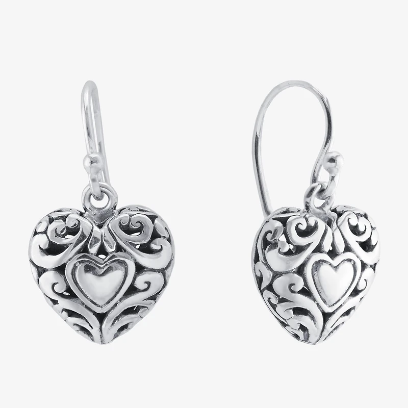 Bali Inspired Womens Sterling Silver Heart Drop Earrings