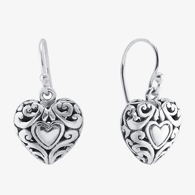 Bali Inspired Womens Sterling Silver Heart Drop Earrings