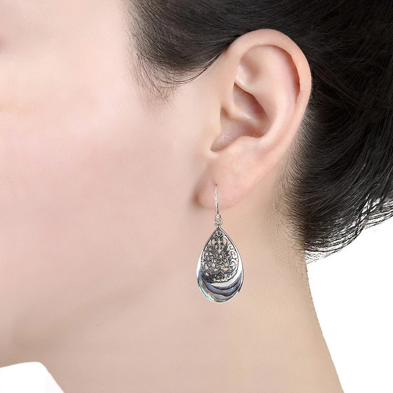 Bali Inspired Womens Abalone Sterling Silver Drop Earrings