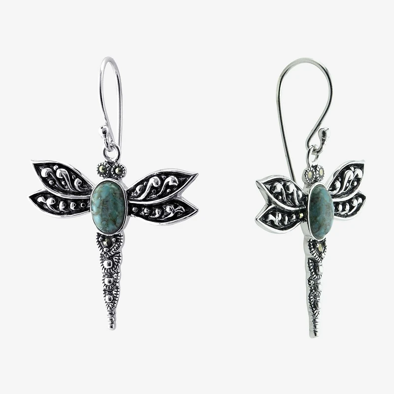 Womens Enhanced Blue Turquoise Sterling Silver Round Drop Earrings