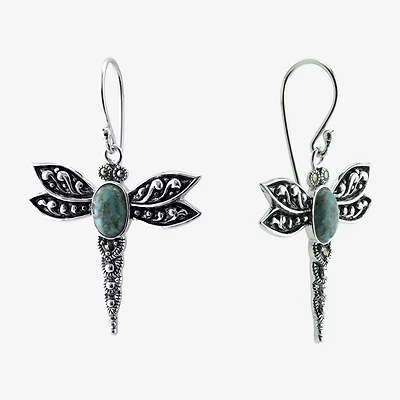 Womens Enhanced Blue Turquoise Sterling Silver Round Drop Earrings