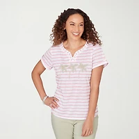 Hearts Of Palm Womens Split Crew Neck Short Sleeve Embellished Blouse
