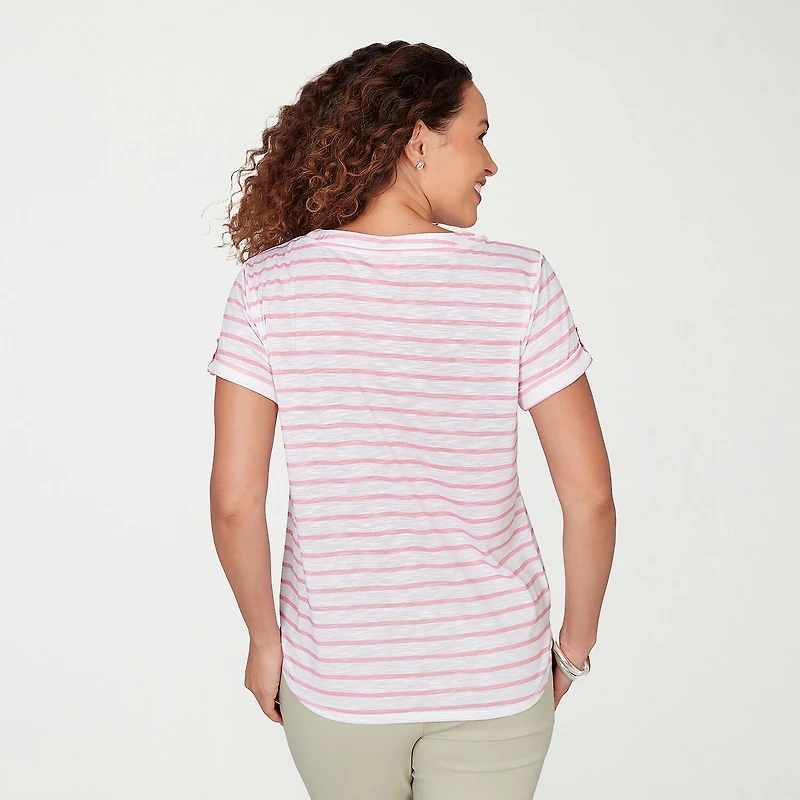 Hearts Of Palm Womens Split Crew Neck Short Sleeve Embellished Blouse