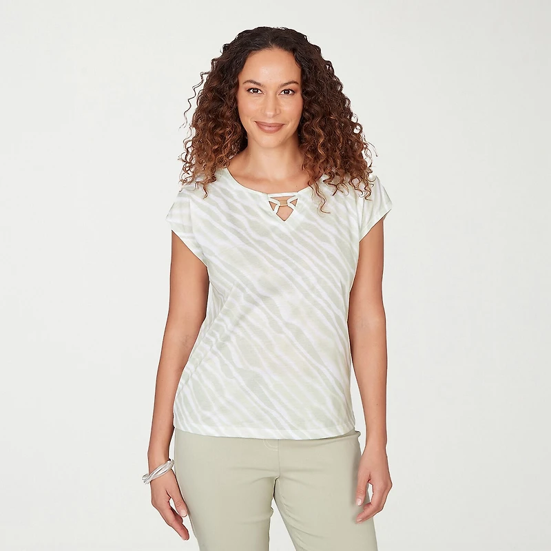 Hearts Of Palm Womens Keyhole Neck Short Sleeve Embellished Blouse