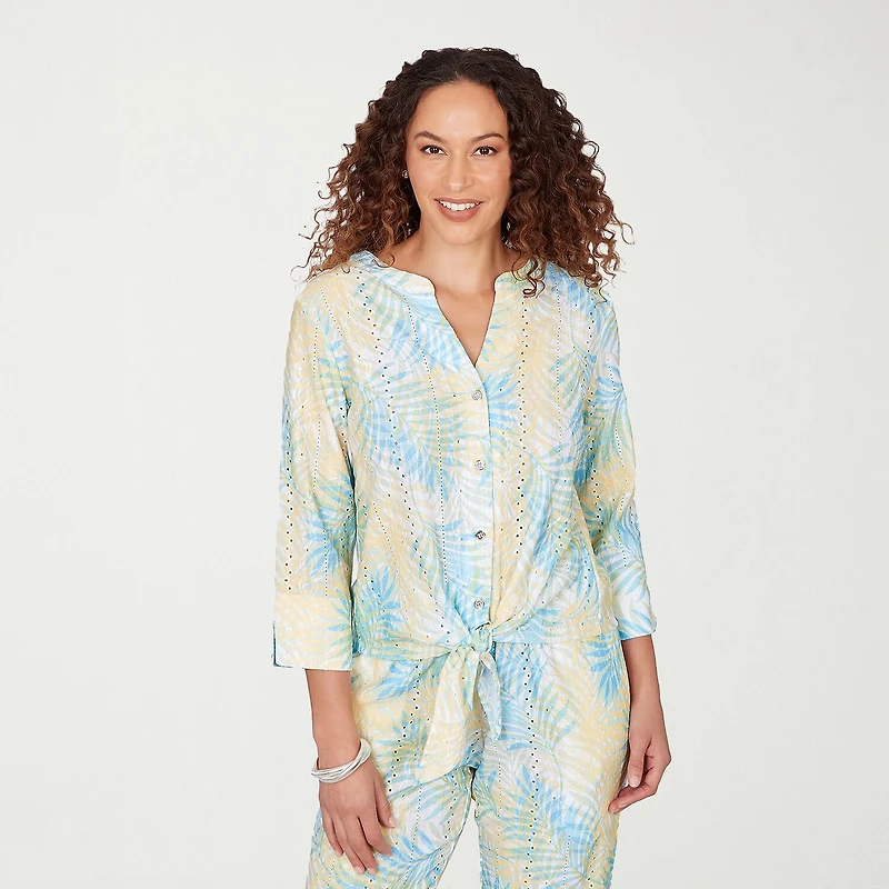 Hearts Of Palm Womens Split Crew Neck 3/4 Sleeve Blouse
