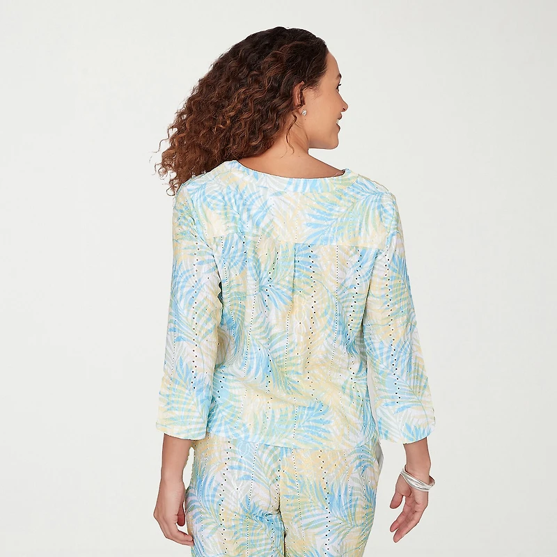 Hearts Of Palm Womens Split Crew Neck 3/4 Sleeve Blouse