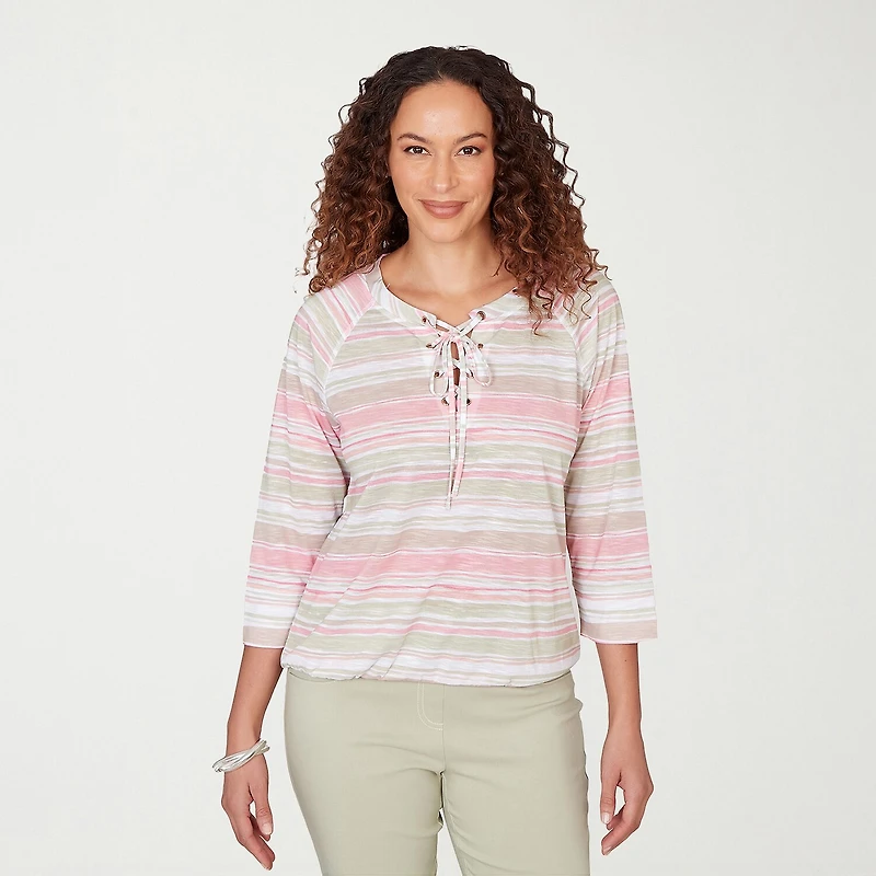 Hearts Of Palm Womens Crew Neck 3/4 Sleeve Embellished Blouse