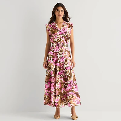 MSK Womens V Neck Sleeveless Flutter Maxi Dress