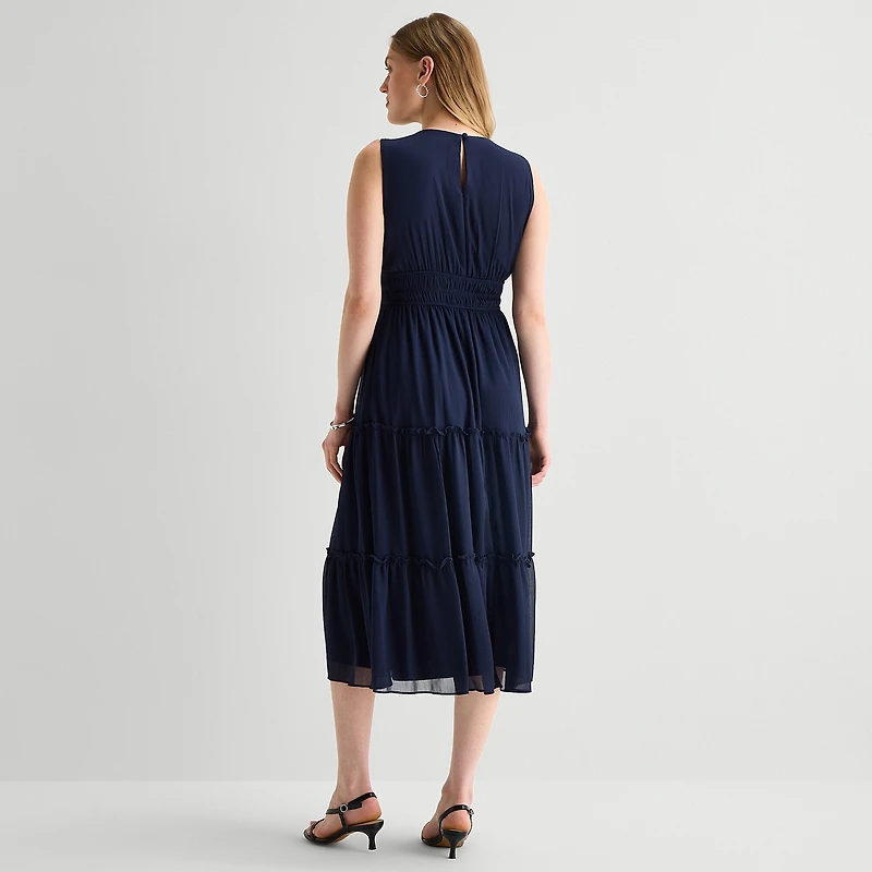 Danny & Nicole Womens Midi V Neck Sleeveless Fit + Flare Dress