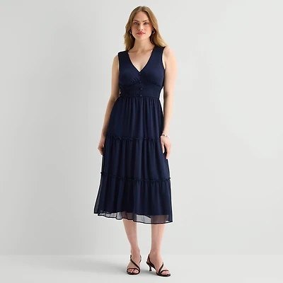 Danny & Nicole Womens Midi V Neck Sleeveless Fit + Flare Dress
