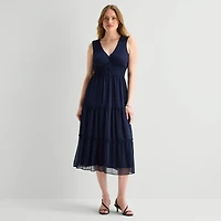 Danny & Nicole Womens Midi V Neck Sleeveless Fit + Flare Dress