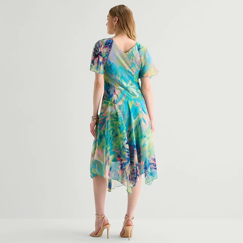 Rabbit Design Womens Midi V Neck Short Sleeve Flutter Abstract Fit + Flare Dress