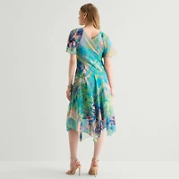 Rabbit Design Womens Midi V Neck Short Sleeve Flutter Abstract Fit + Flare Dress