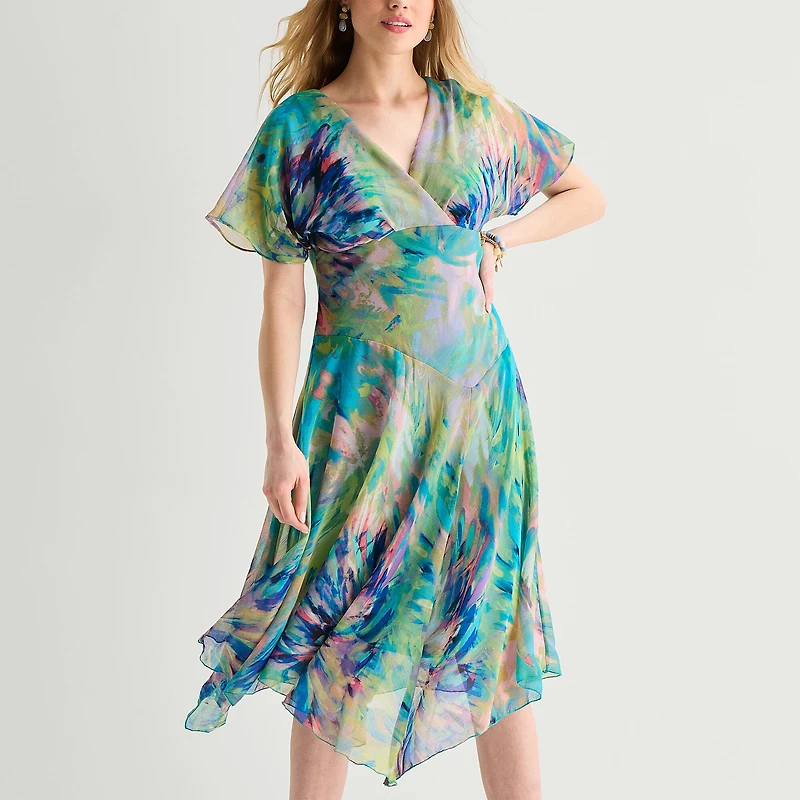 Rabbit Design Womens Midi V Neck Short Sleeve Flutter Abstract Fit + Flare Dress