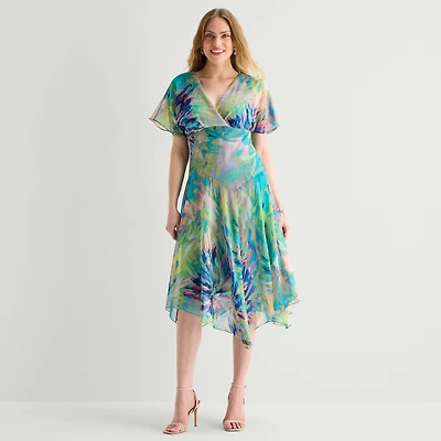 Rabbit Design Womens Midi V Neck Short Sleeve Flutter Abstract Fit + Flare Dress